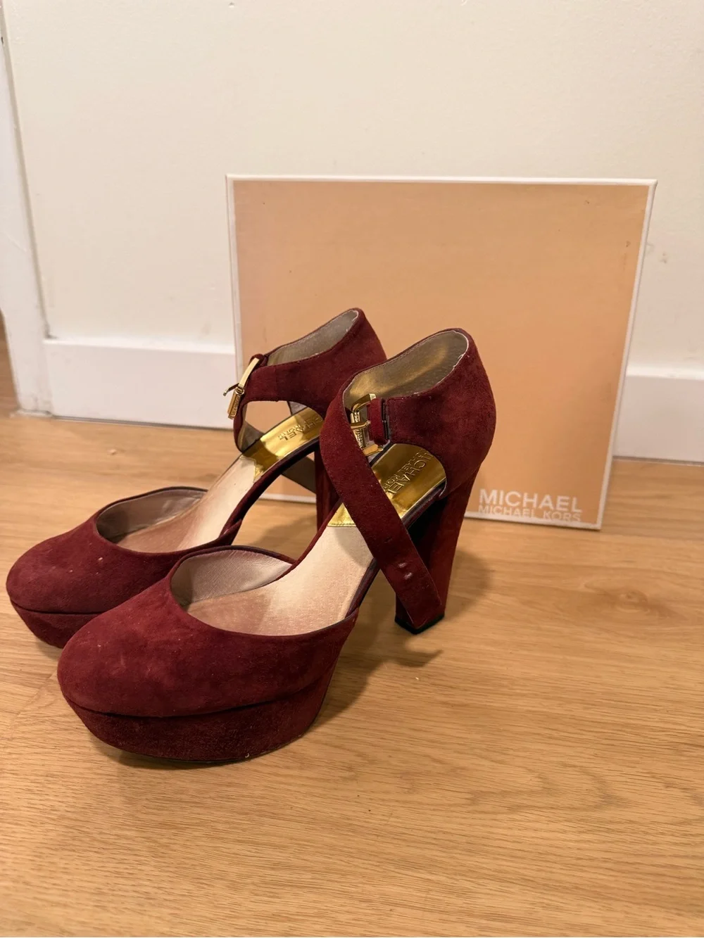 Michael Kors Burgundy Suede Platform T-Strap Pumps